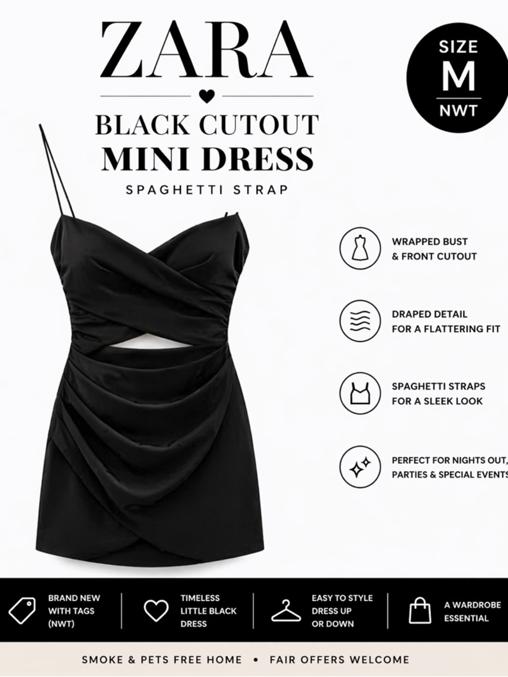 ZARA Black Spaghetti Strap Cutout Mini Dress NWT Size M